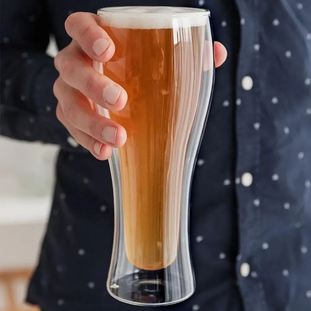 Dvigubo stiklo bokalas alui 400 ml, dviejų sluoksnių termobokalas su iškilusiomis rankenomis ir skaidriu stiklu.