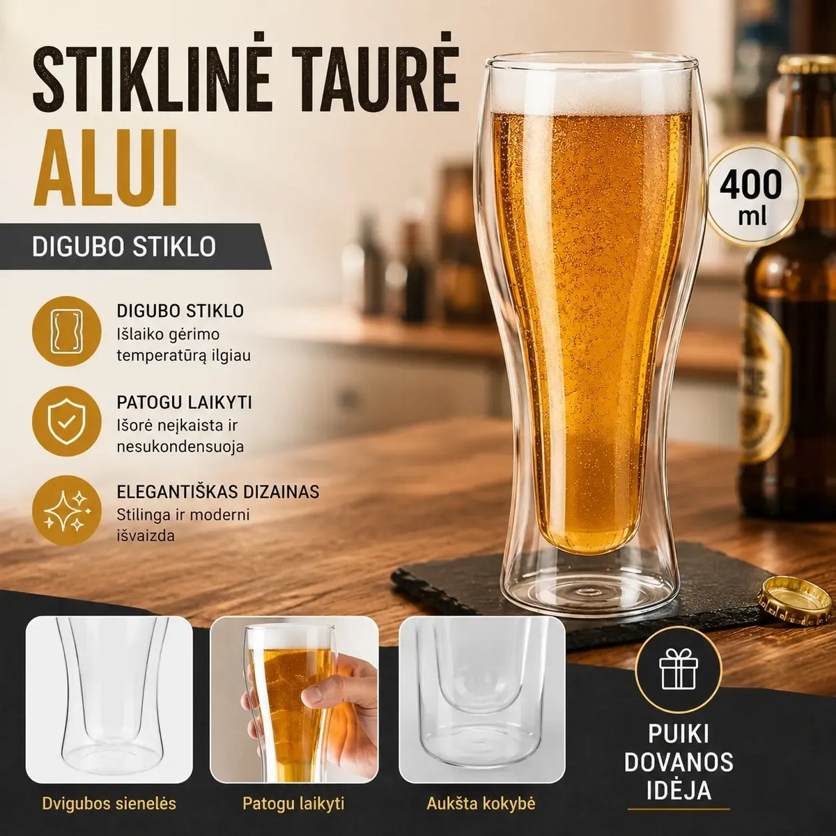 Dvigubo stiklo bokalas alui 400 ml, aiškiai matomas stiklo dizainas ir matmenys, tinkamas gėrimams.
