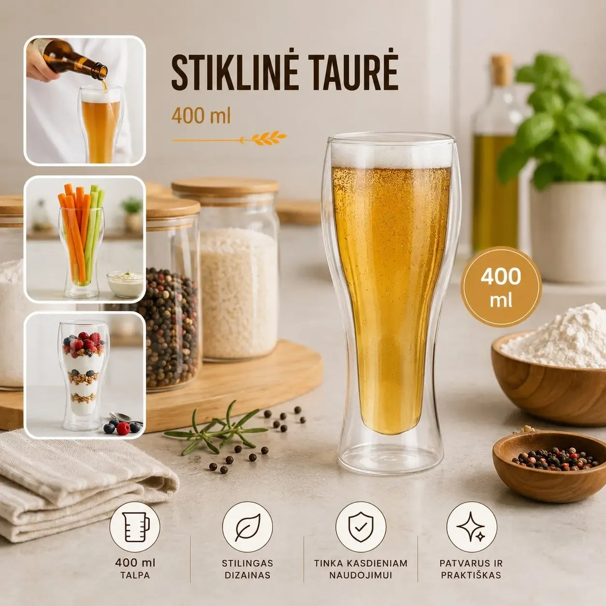 Dvigubo stiklo bokalas alui 400 ml, ilgas rankenas ir storas stiklas, skirtas šalto alaus gėrimui.