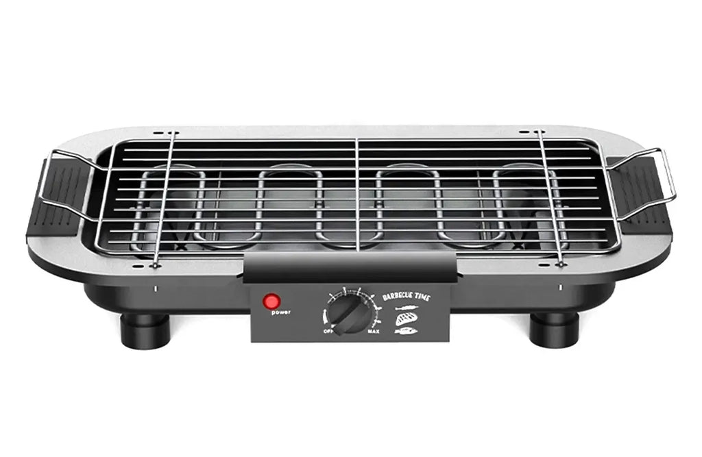 Elektrinė kepsninė su reguliuojamu temperatūros valdymu ir nerūdijančio plieno grotelių rinkinys.