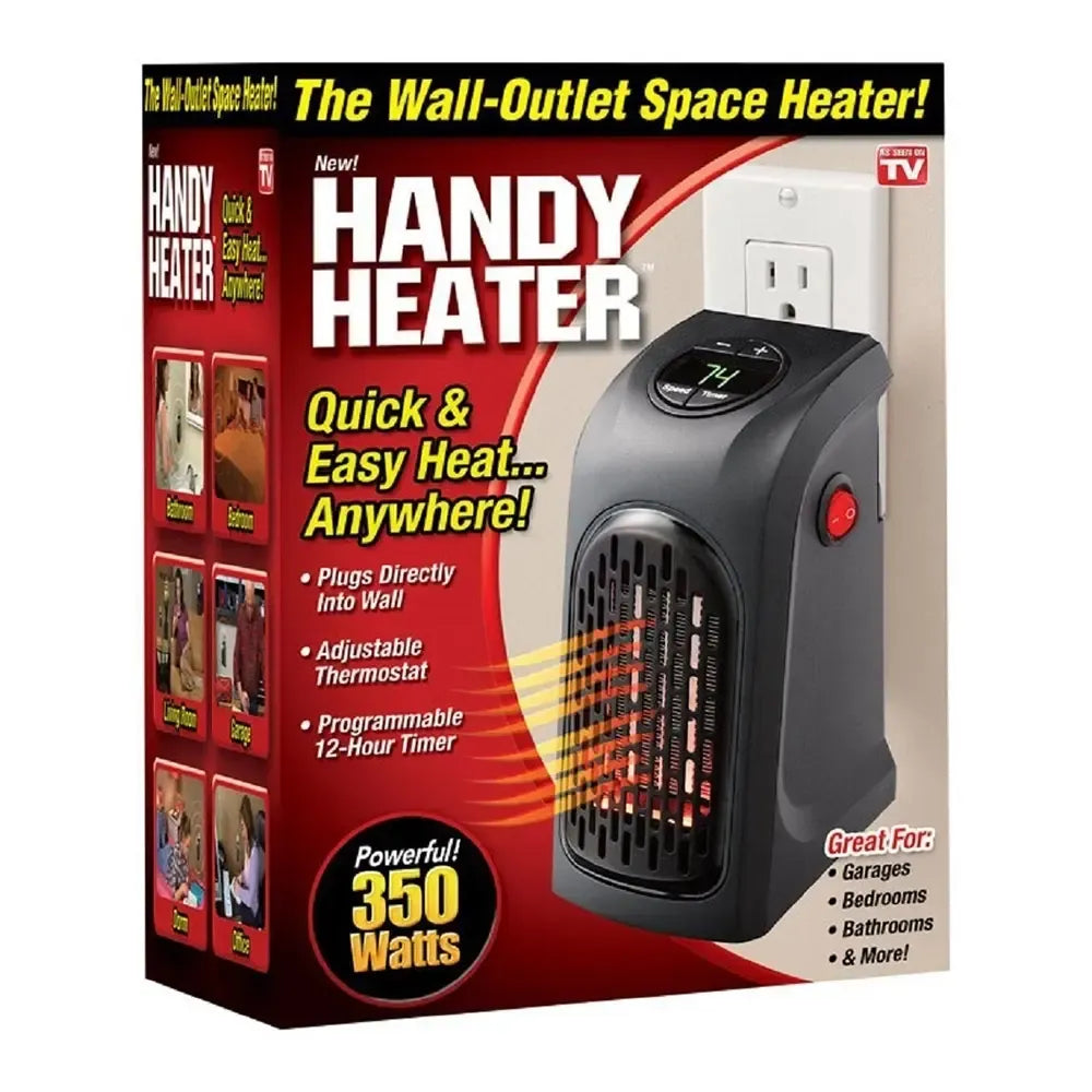 Elektrinis šildytuvas HANDY HEATER 400 W, parodytas su rankena ir ventiliatoriaus angomis, skirtas šildyti kambarius.