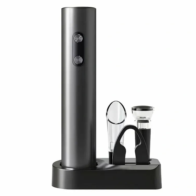 Elektrinis vyno kamščiatraukis su priedų rinkiniu, juodas ir sidabrinis, parodytas su įrankiais šalia.