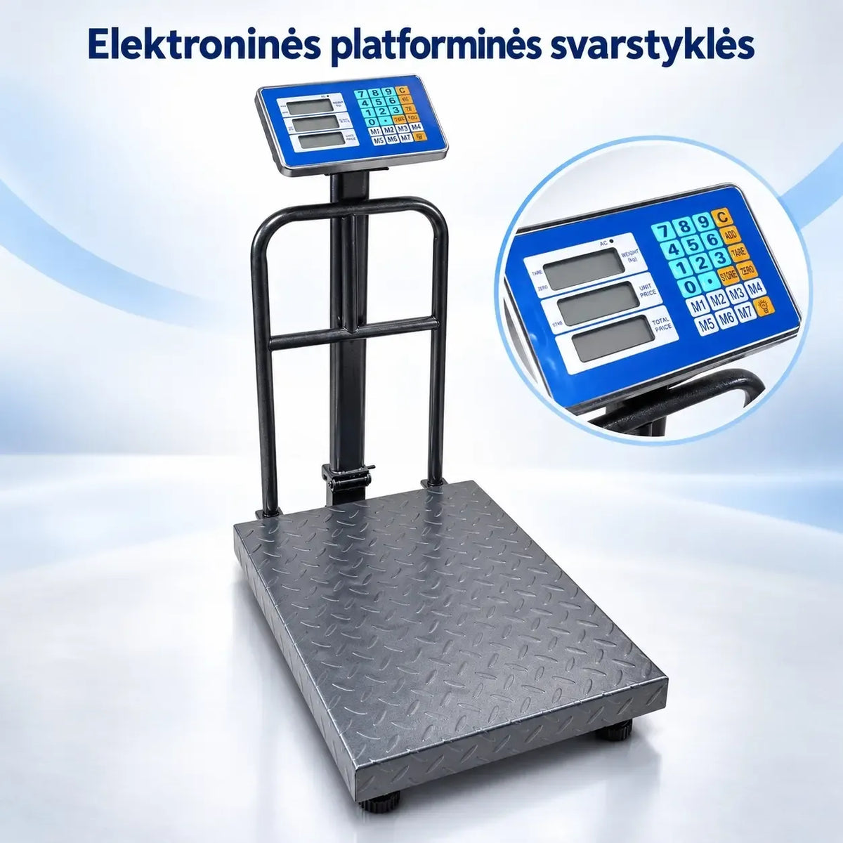 Elektroninės platforminės svarstyklės 300 kg, tikslumas 50 g, juodos spalvos, su skaitmeniniu ekranu ir tvirtos konstrukcijos.