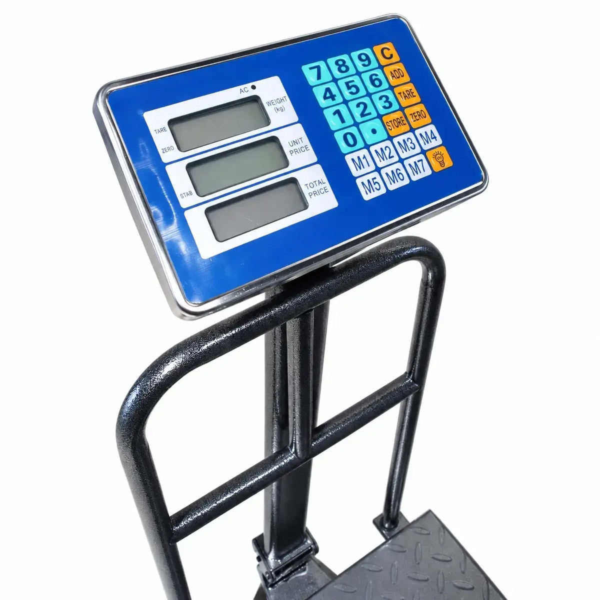 Elektroninės platforminės svarstyklės 300 kg, 50 g tikslumu, su dideliu skaitmeniniu ekranu ir tvirtomis platformos grindimis.