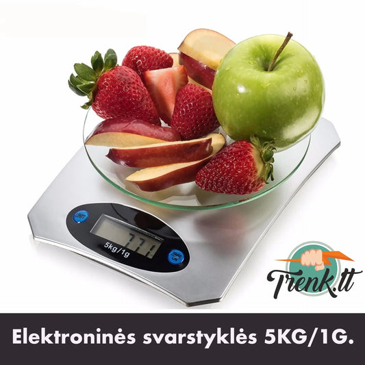 Elektroninės virtuvinės svarstyklės, 5 kg talpa, tikslios 1 g, su skaitmeniniu ekranas ir valdymo mygtukais.