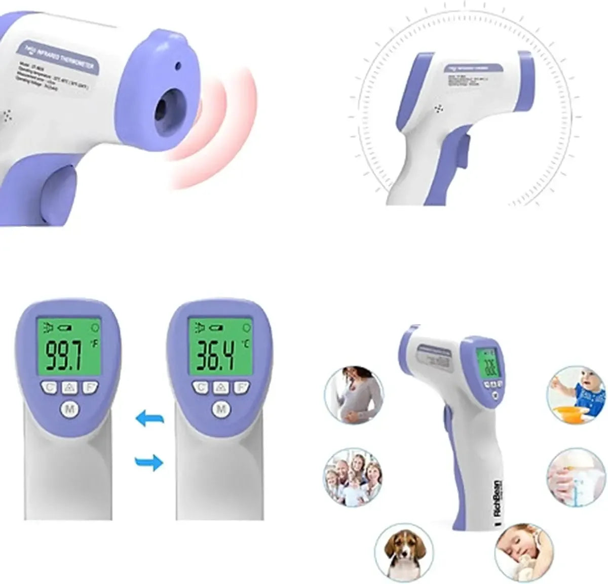 Elektroninis bekontaktis infraraudonųjų spindulių termometras matuoja kūno temperatūrą, su aiškiu skaitmeniniu ekranų rodymu.