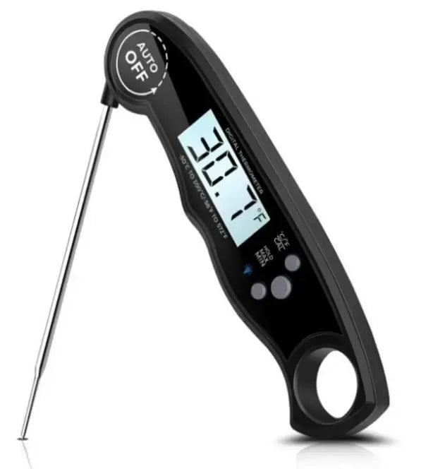 Elektroninis maisto termometras su sulankstomu zondu, juodas ir kompaktiškas, skirtas matuoti maisto temperatūrą.