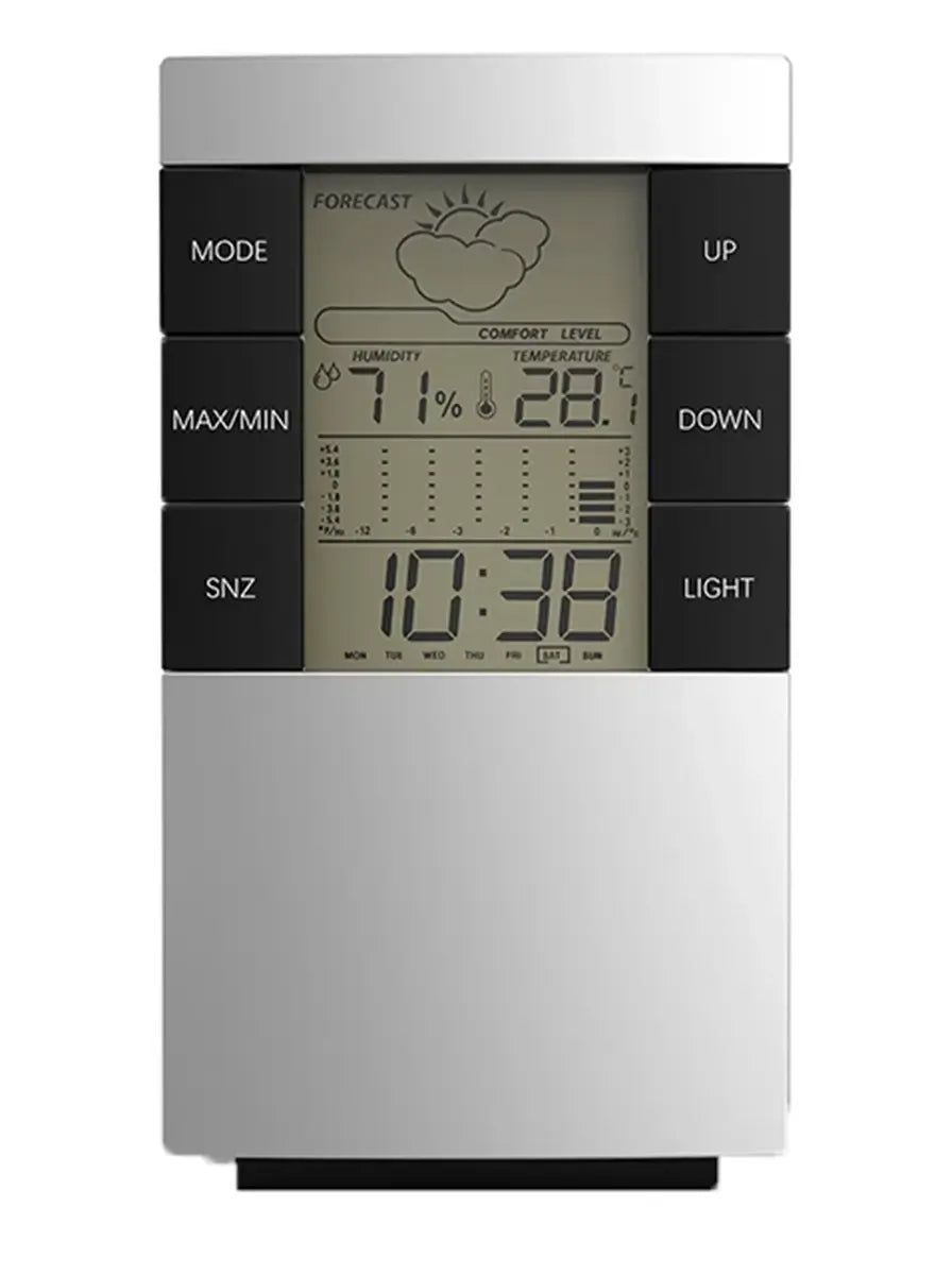 Elektroninė meteorologinė stotelė su termometru ir drėgmės matuokliu, rodo oro temperatūrą ir drėgmę namuose.