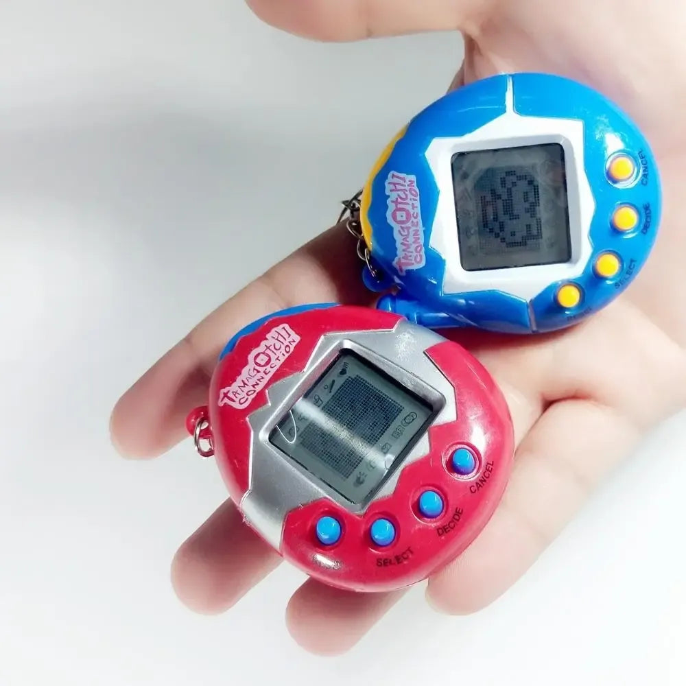 Elektroninis žaislas Tamagotchi - stilingas virtualus augintinis su ekranas ir valdymo mygtukais, vaikų žaislas.