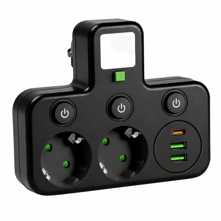 Elektros lizdo adapteris su 2 lizdais, USB-A ir USB-C jungtimis bei LED lempute, patogus naudoti kasdienėms reikmėms.
