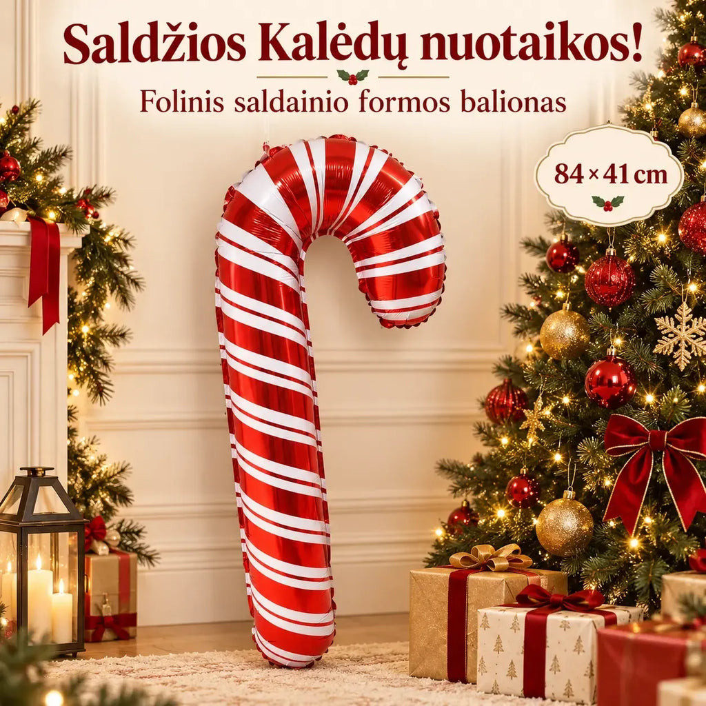 Folinis balionas „Kalėdinė saldainio lazdelė“, 84 × 41 cm, raudonai baltos spalvos