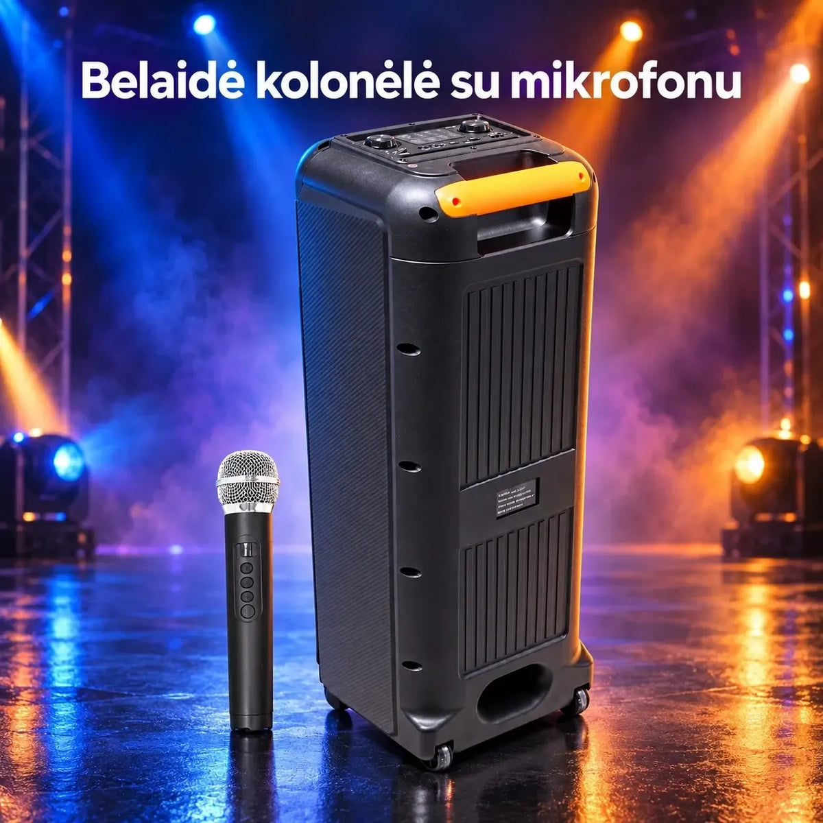 Garso kolonėlė su mikrofonu, kompaktiška ir moderni, skirta garsiam ir aiškiai girdimam garsui.