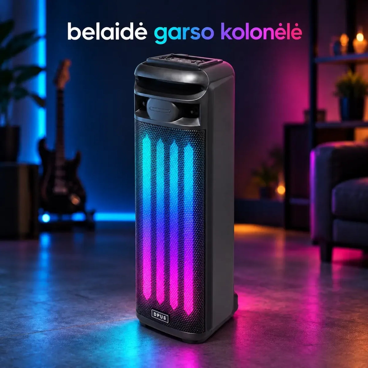 Garso kolonėlė su mikrofonu, juoda ir kompaktiška, su valdymo mygtukais, skirta muzikai ir kalbėjimui.