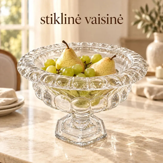Dekoratyvinis stiklinis dubuo su gėlės žiedo ornamentu, elegantiška ir subtili namų dekoro detalė
