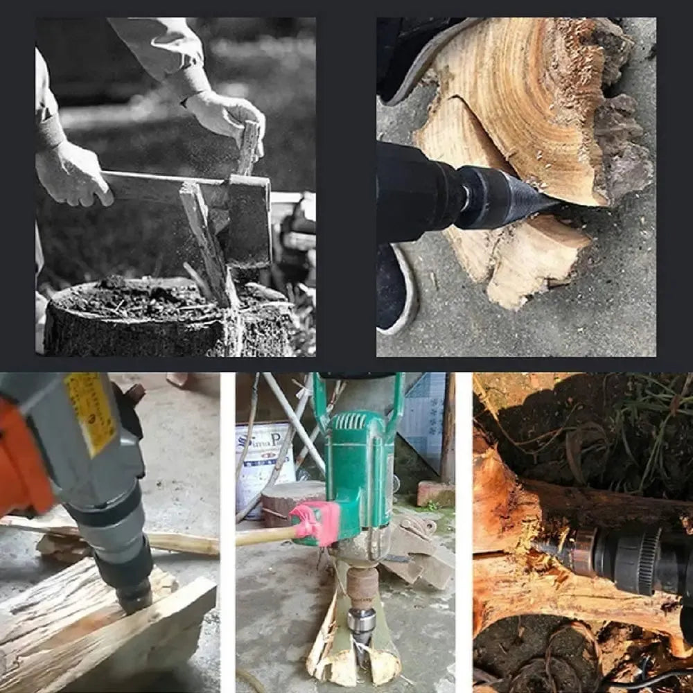 Kūginis malkų skaldymo antgalis gręžtuvui su aštriu galu medienos skaldymui, juodos spalvos, tinkamas darbui lauke
