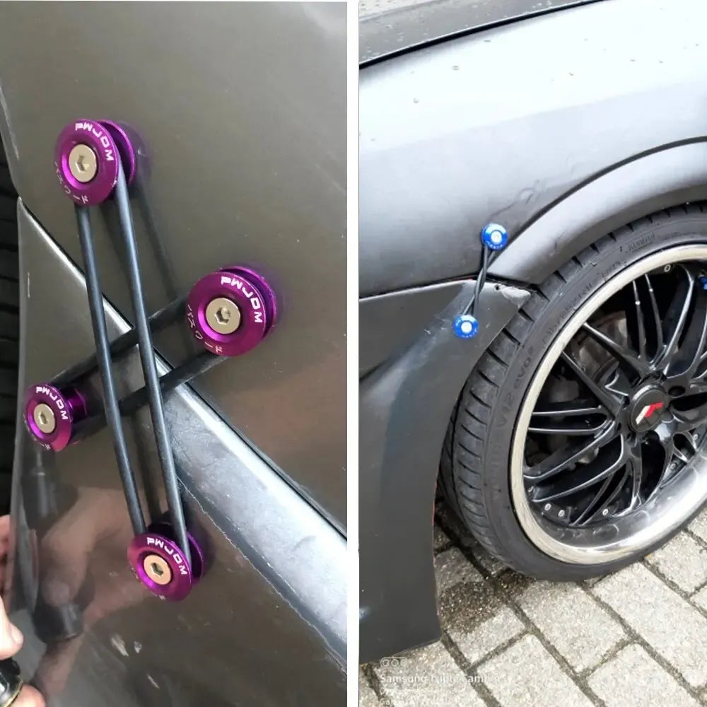 Violetinės spalvos JDM greito atlaisvinimo tvirtinimo detalės automobiliui, minkštas ir patvarus plastikas, skirta automobilių modifikacijoms.