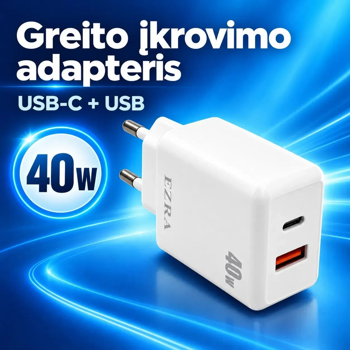 Greitojo įkrovimo adapteris EZRA HC176, 40 W, juodas, su USB-C jungtimi, šalia įkrovimo kabelio.