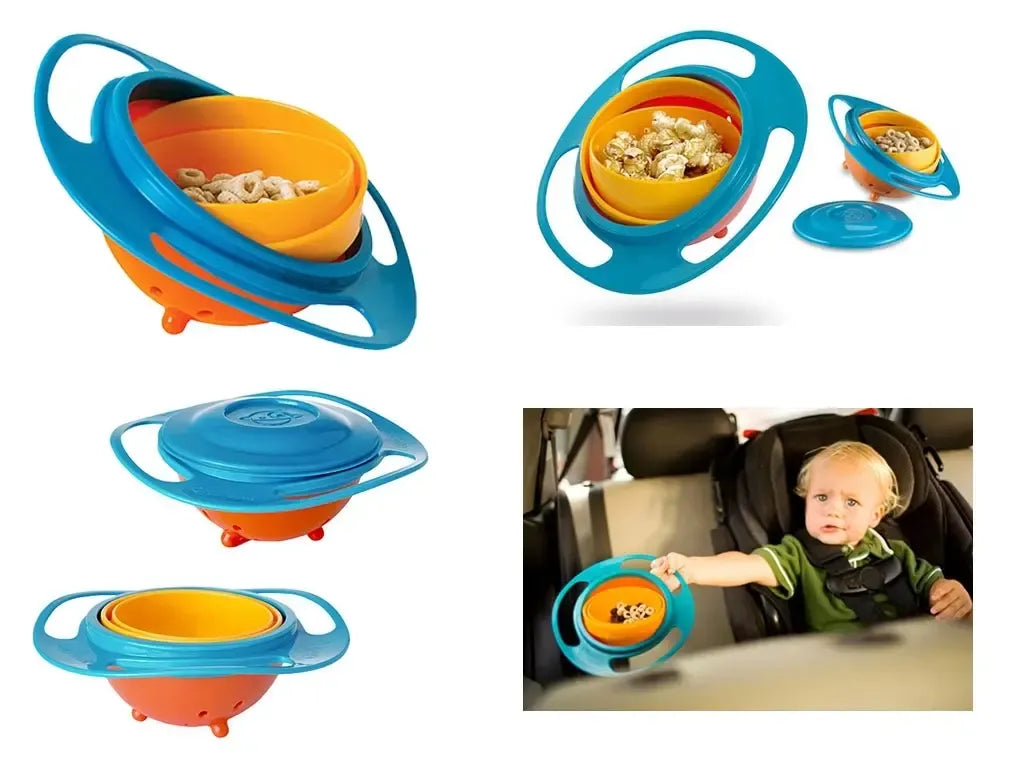Vaikų Gyro Bowl niekada neišsipilantis dubenėlis, tvirtas ir stabilus, su spalvingu dizainu, skirtas saugiai maitinti vaikus.