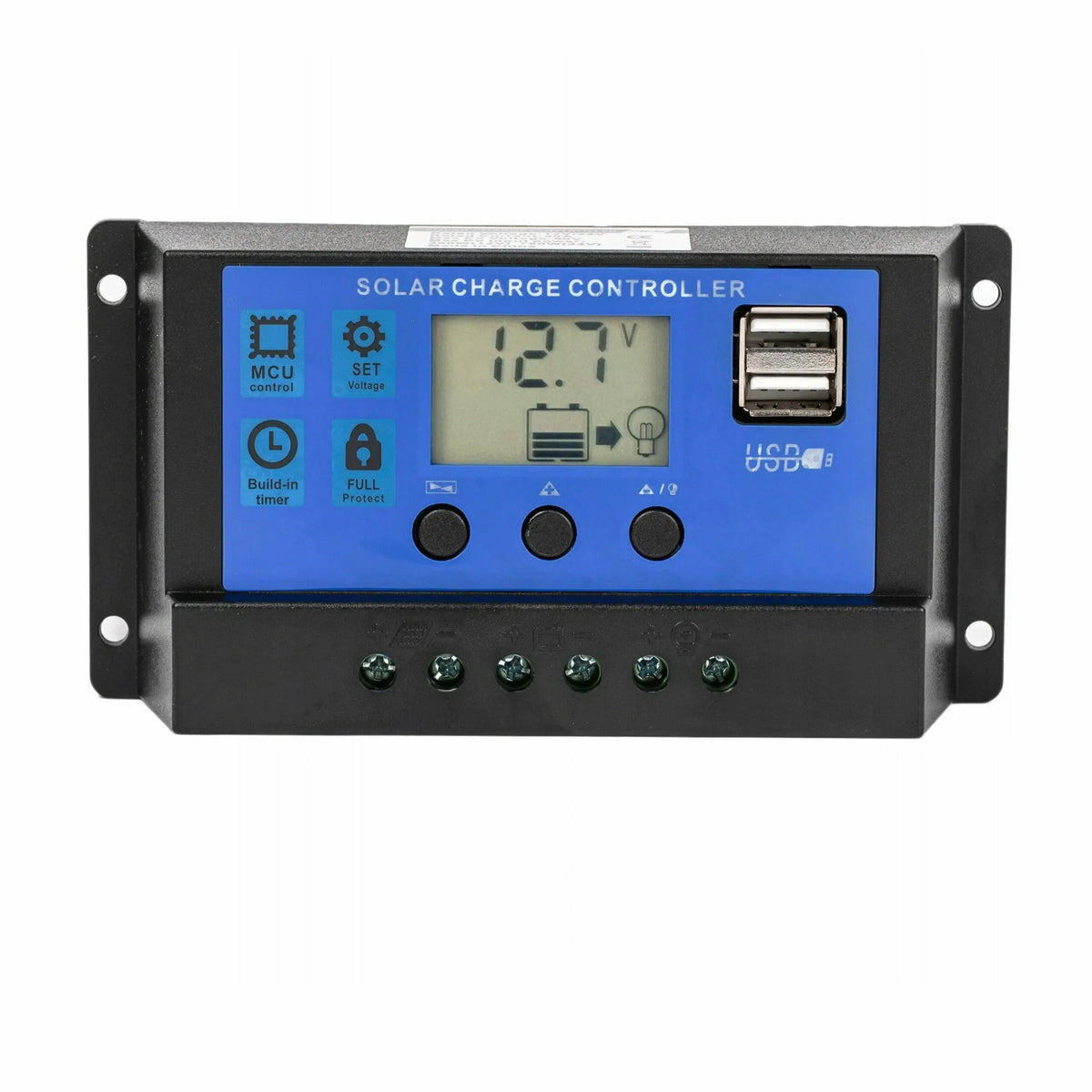 Saulės įkrovimo valdiklis 60A 12V/24V su LCD ekranu ir USB jungtimis, apsaugo ir reguliuoja saulės baterijas.