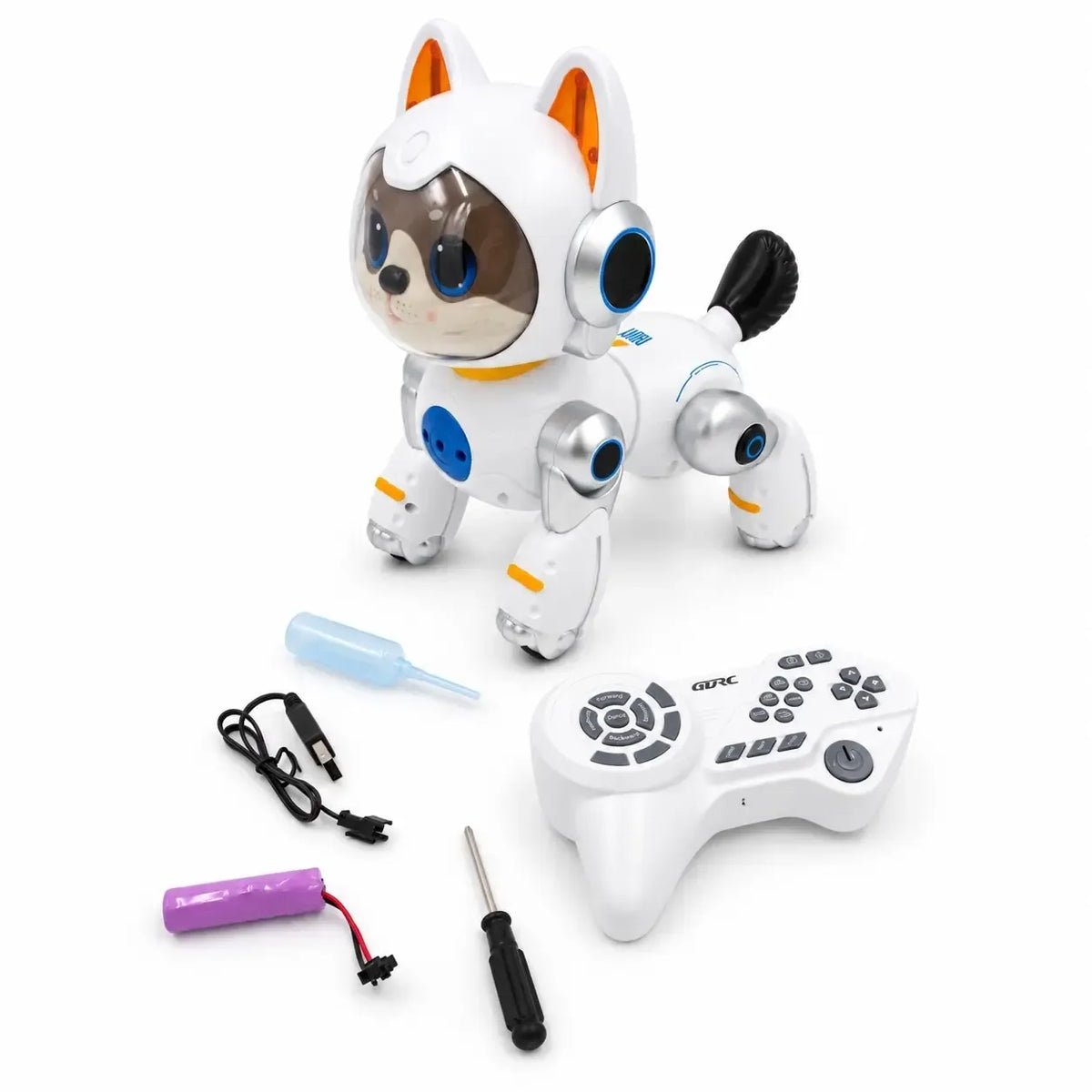 Interaktyvus šuniukas robotas su nuotolinio valdymo pultu, judantis ir garsus, vaikams žaidimo ir pramogų idėja.
