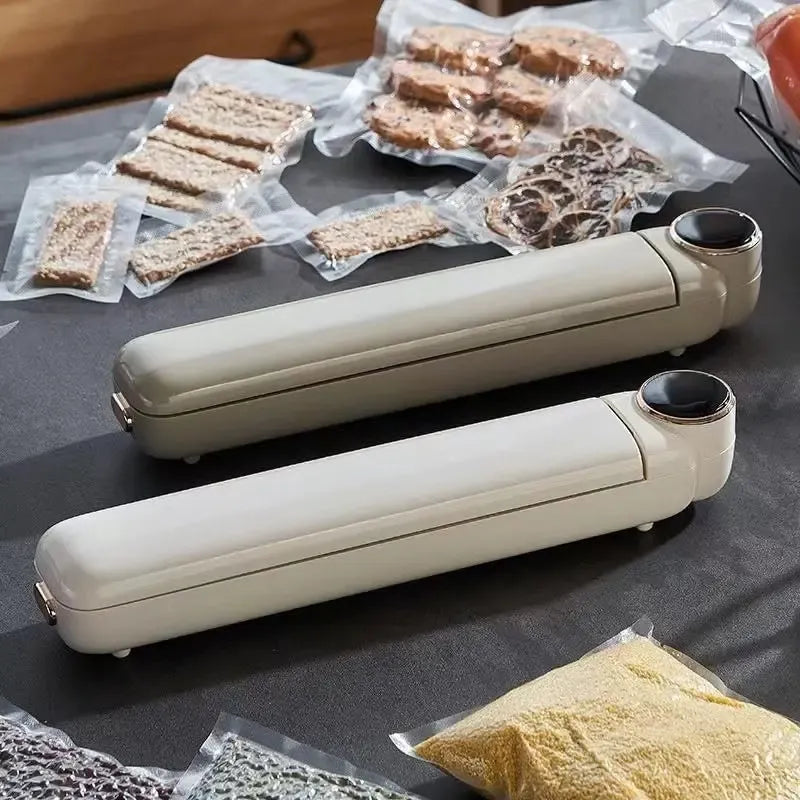 Vakuuminis maisto pakavimo aparatas 110W, profesionalus vakuumatorius namams, matomas su maisto maišeliais ir įrenginiu.