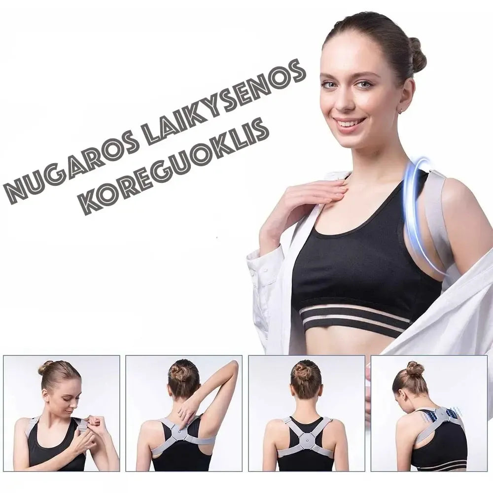 Išmanus nugaros laikysenos koreguoklis su vibraciniu jutikliu, parodytas naudotojo nugaros laikysenos koregavimas.