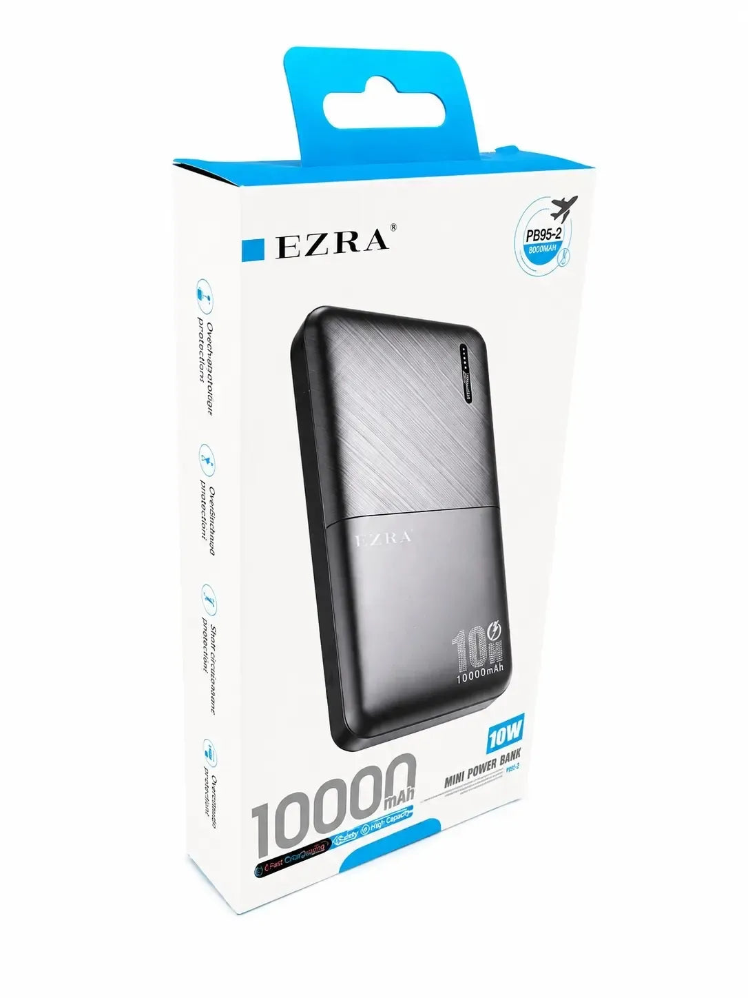 Išorinė baterija EZRA PB95-2, 10 000 mAh, mobiliojo įkrovimo įrenginys su USB išėjimu ir kompaktišku dizainu