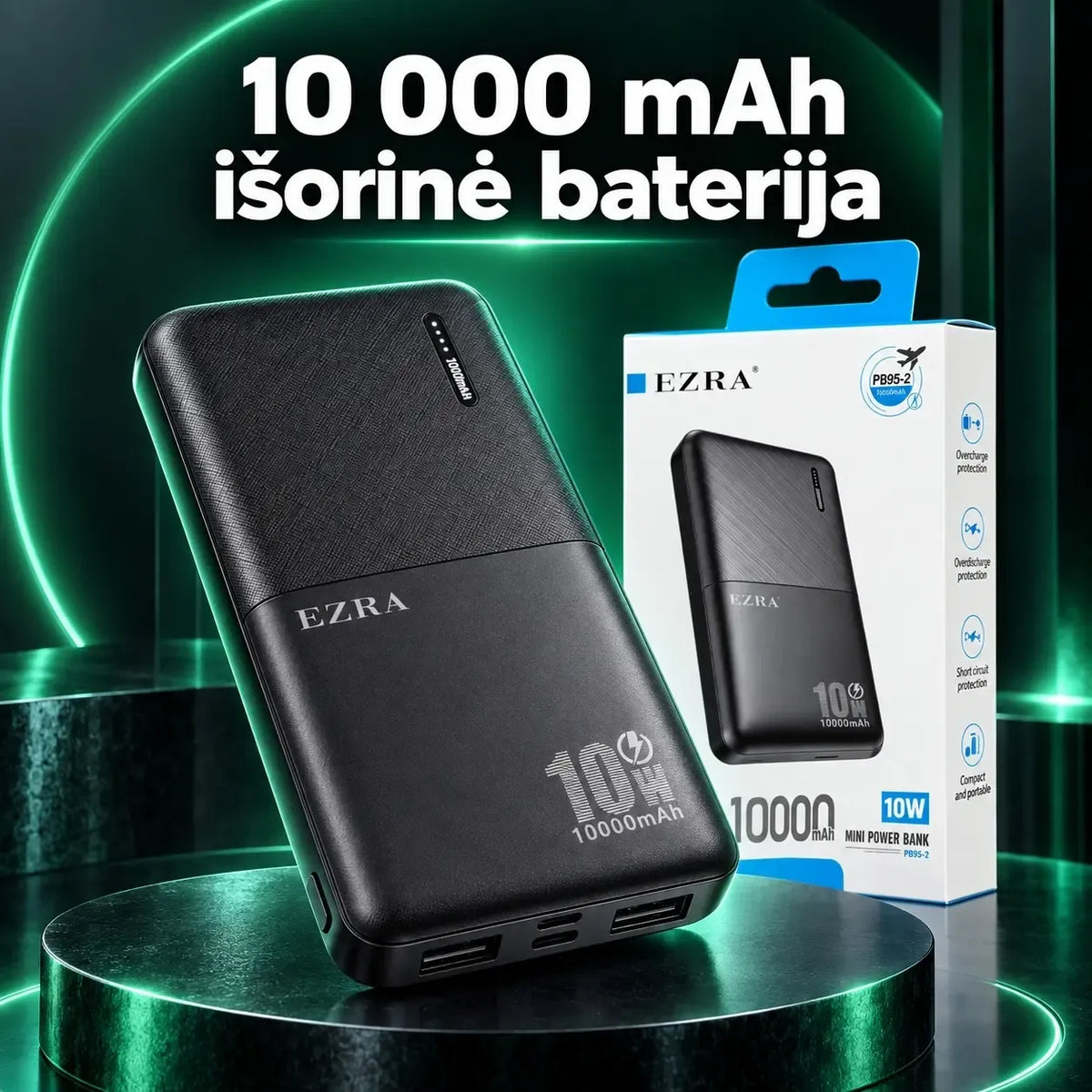 Išorinė baterija Ezra PB95-2 10 000 mAh su USB išėjimais, skirta įkrauti mobiliuosius įrenginius.