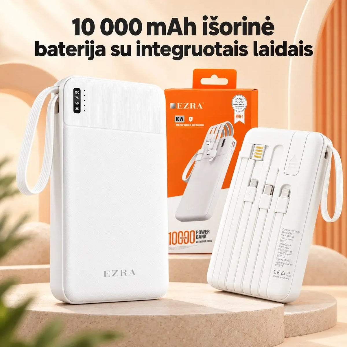 Išorinė 10 000 mAh baterija EZRA PB147-1 su integruotais laidais, skirta įkrovimo ir mobilumo užtikrinimui.