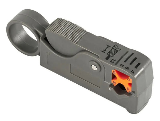 Kabelių izoliacijos nuėmiklis bendraašių laidų paruošimui, rankinis įrankis su aštriu peiliu ir patogiu rankena.