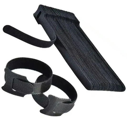 Juodi Velcro kabelių sutvarkymo dirželiai, 50 vnt., tinka kabelių tvarkymui ir organizacijai.