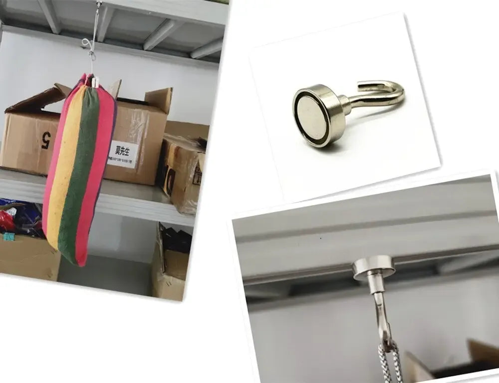 Du magnetiniai kabliukai su 14 mm dydžio, tinka pakabinti smulkius daiktus, pagaminti iš metalo, praktiniai ir funkcionalūs.