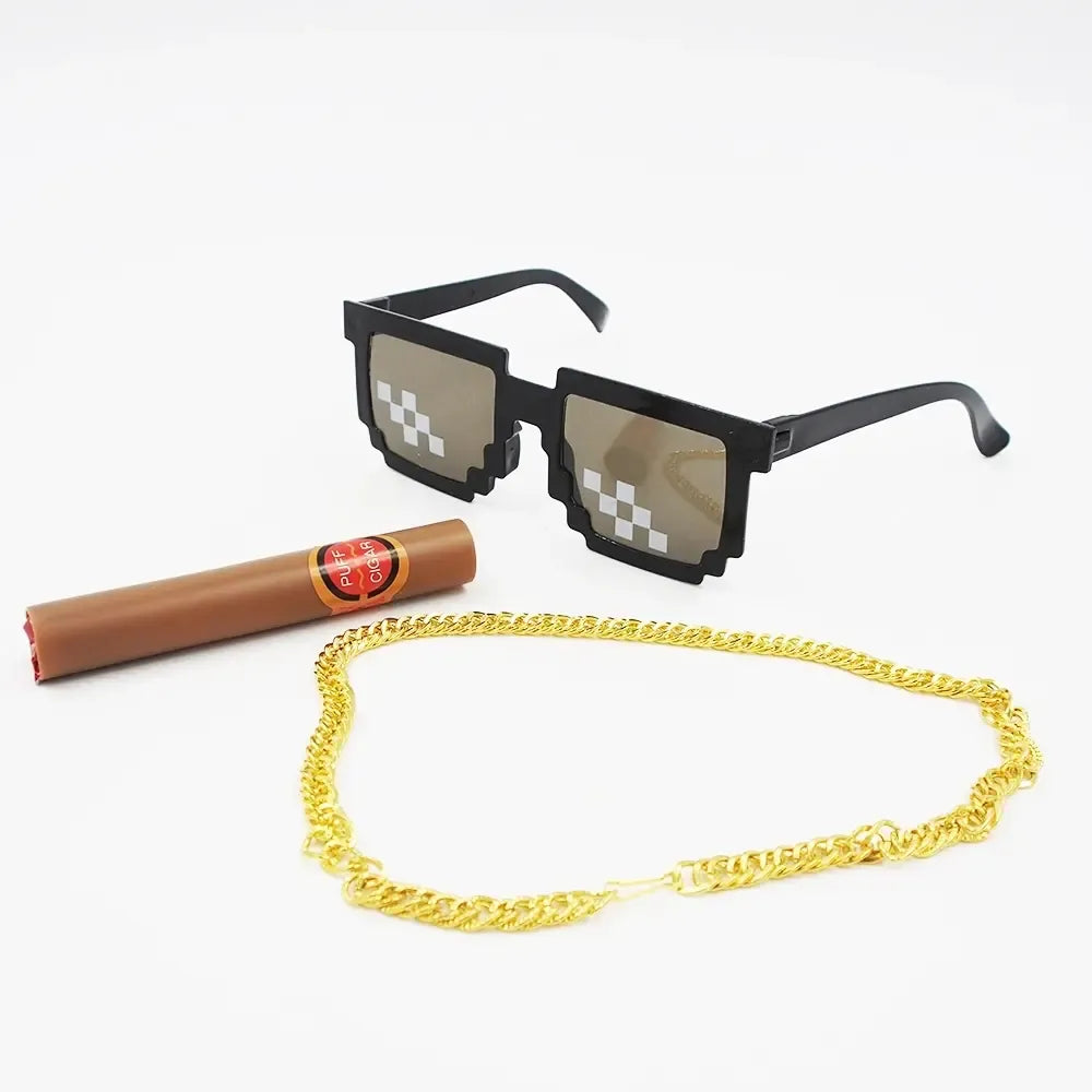 Karnavalinis rinkinys „Thug Life“ su akinius, šaliku ir aksesuarais vaikams, juokingas ir išskirtinis kostiumo elementas.