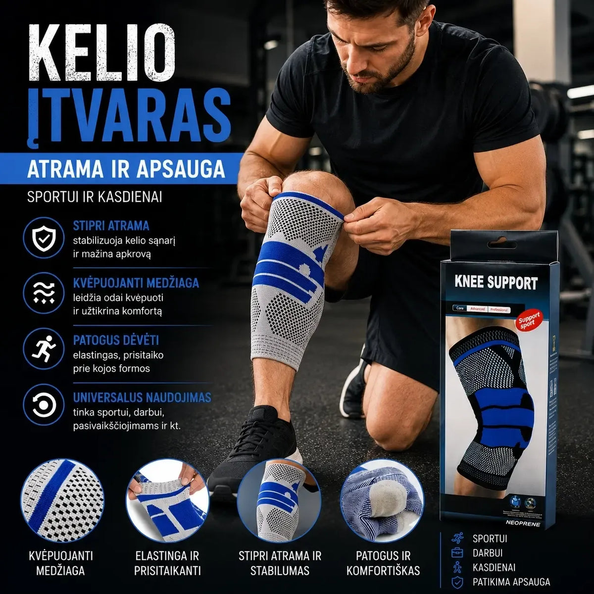 Sutvirtintas kelio įtvaras su metalinėmis juostelėmis, stabilizuoja ir palaiko kelio sąnarį, sporto ir medicinos naudojimui.