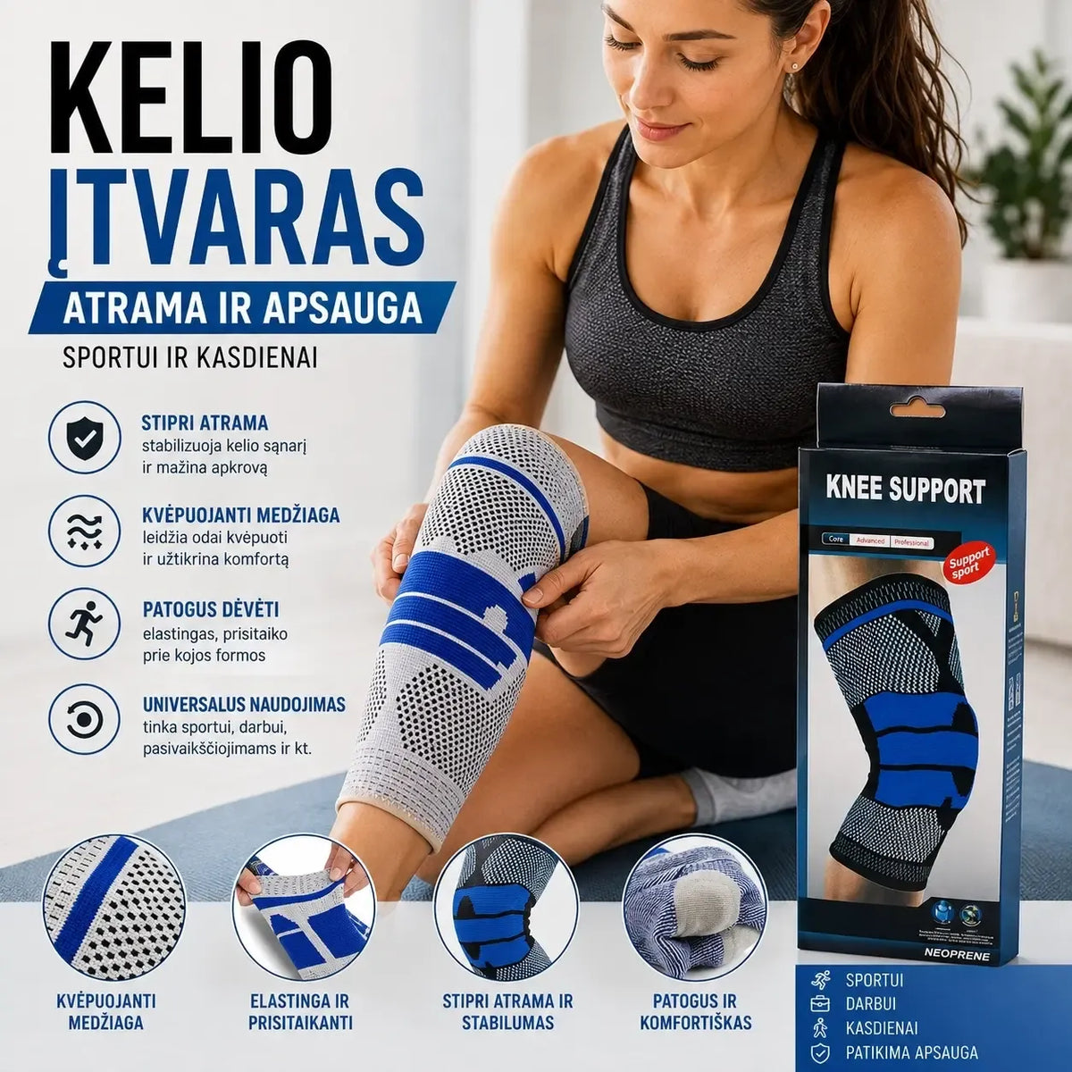 Kelių sąnario įtvaras su metalinėmis juostelėmis, sustiprinantis ir stabilizuojantis kelio sąnarį, tvirtas ir patogus.