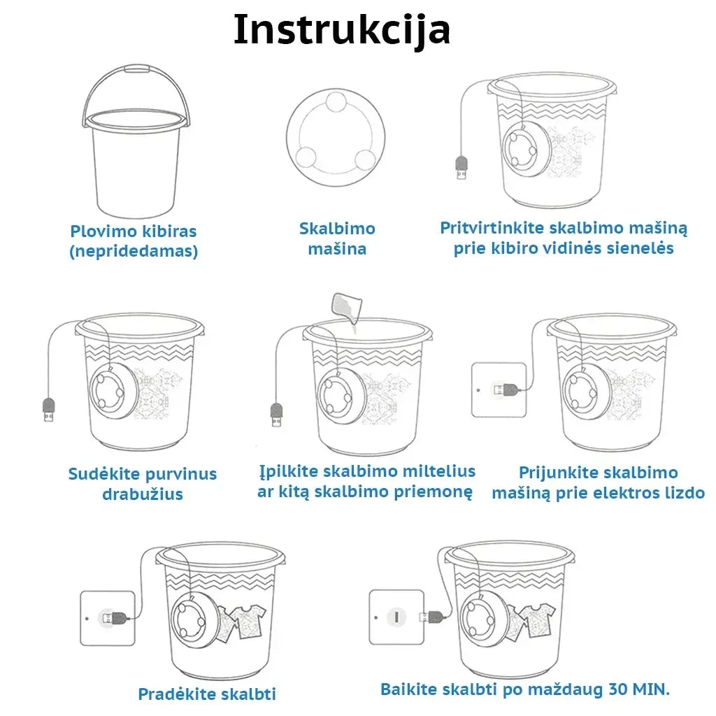 Nešiojama kelioninė skalbimo mašina su kompaktišku dizainu, naudinga keliaujant ir mažiems skalbiniams, matoma iš priekio.