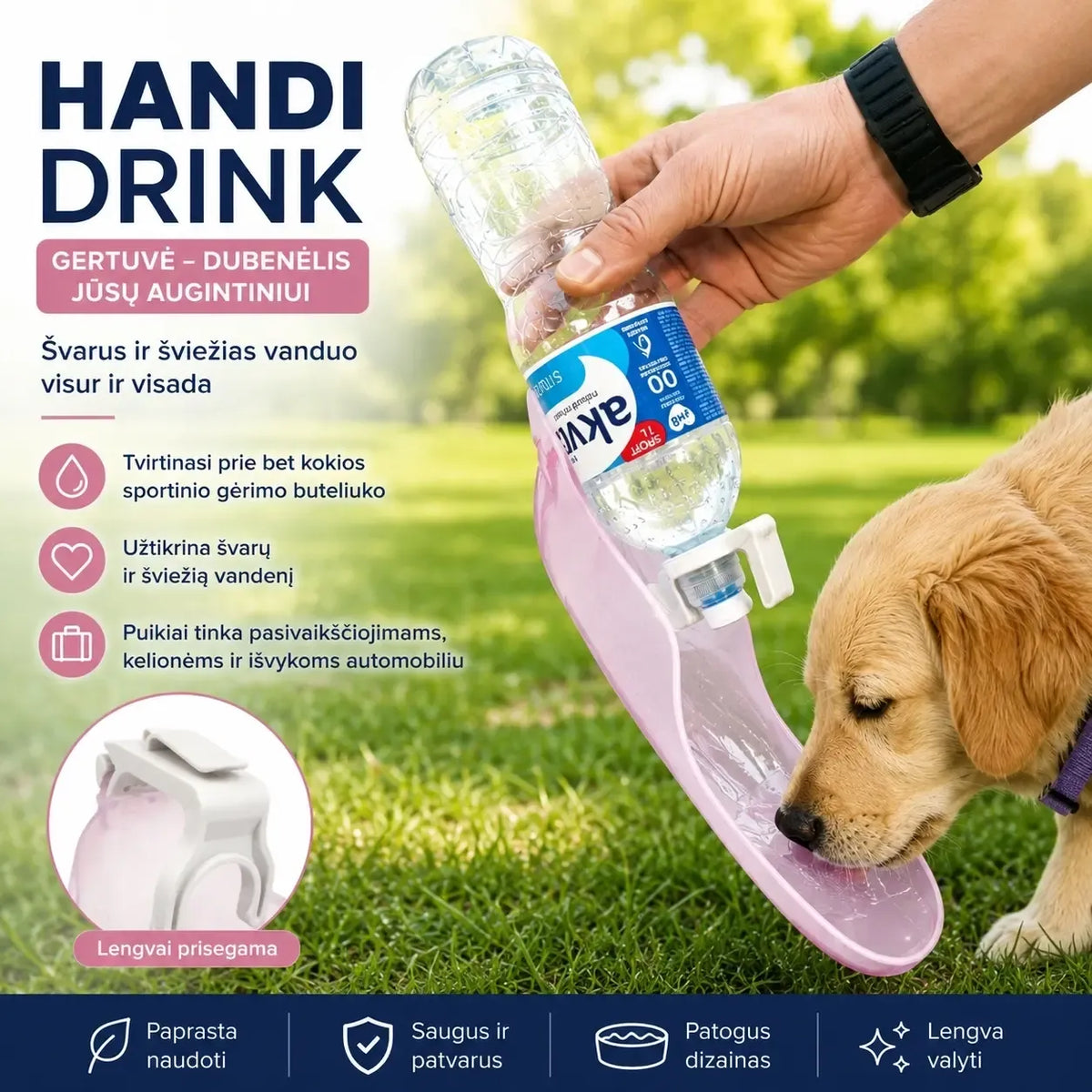 Kelioninė šunų gertuvė-dubenėlis HANDI DRINK, kompaktiška ir patogi, skirta vandeniui ir maistui lauko sąlygomis.
