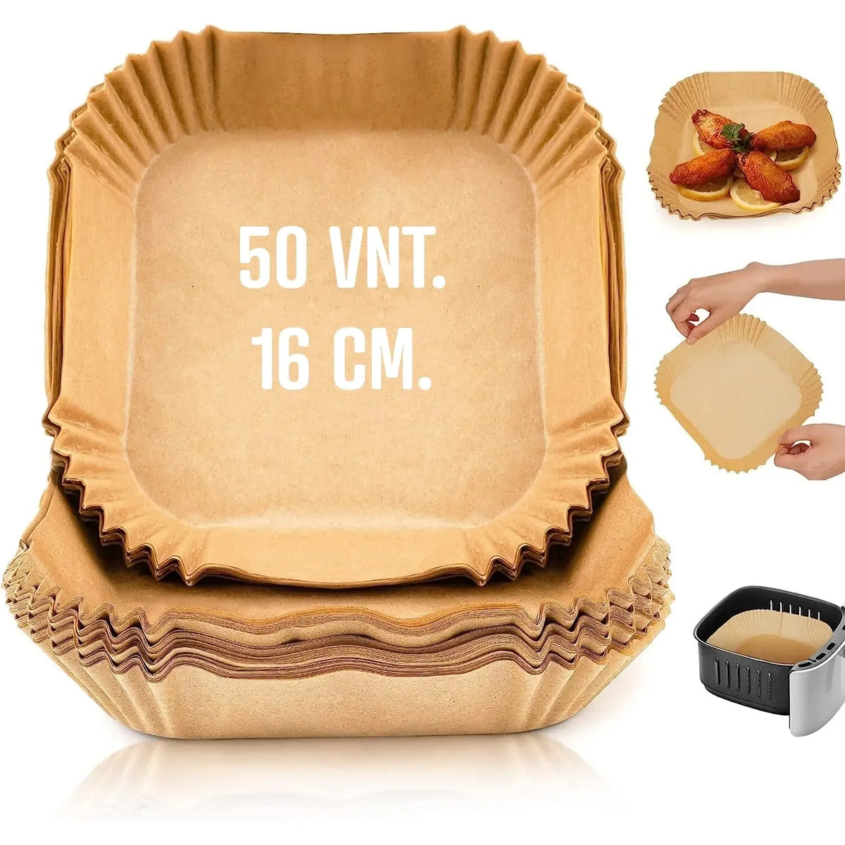Kvadratinės kepimo formelės iš popieriaus, 16 cm, 50 vnt., tinkamos kepimui ir pyragų formavimui.