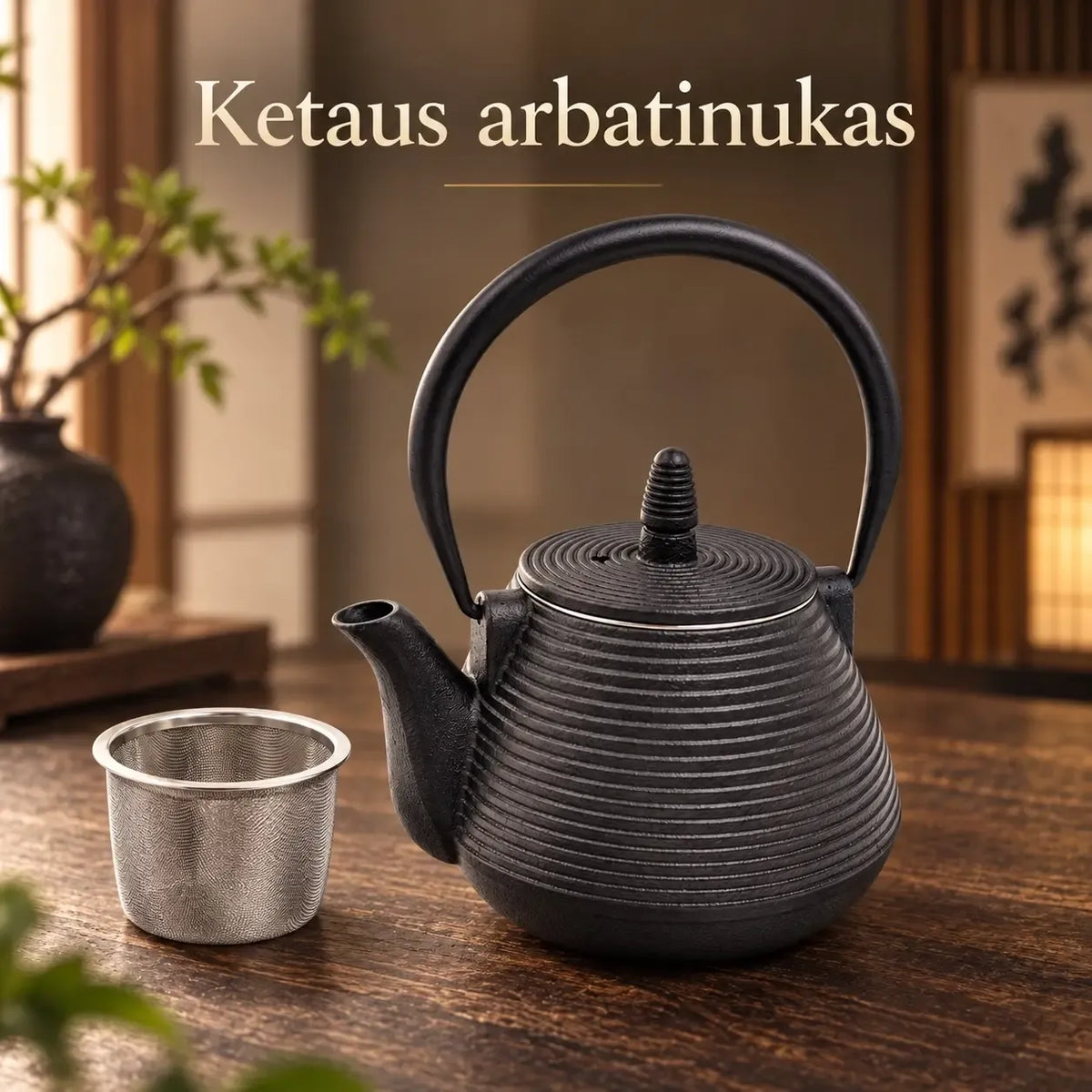 Ketaus arbatinukas su metaliniu sieteliu, tradicinė arbatos gaminimo priemonė, tamsiai rudos spalvos, rankenėlė ir dangtis.