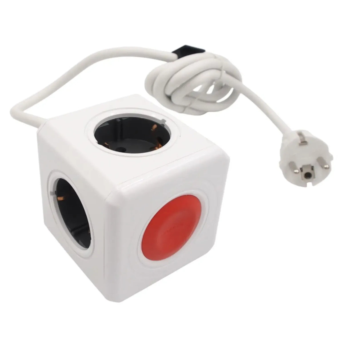 Keturvietis PowerCube ilgintuvas su 150 cm ilgiu ir jungikliu, juodas plastikinis elektros prietaisas.