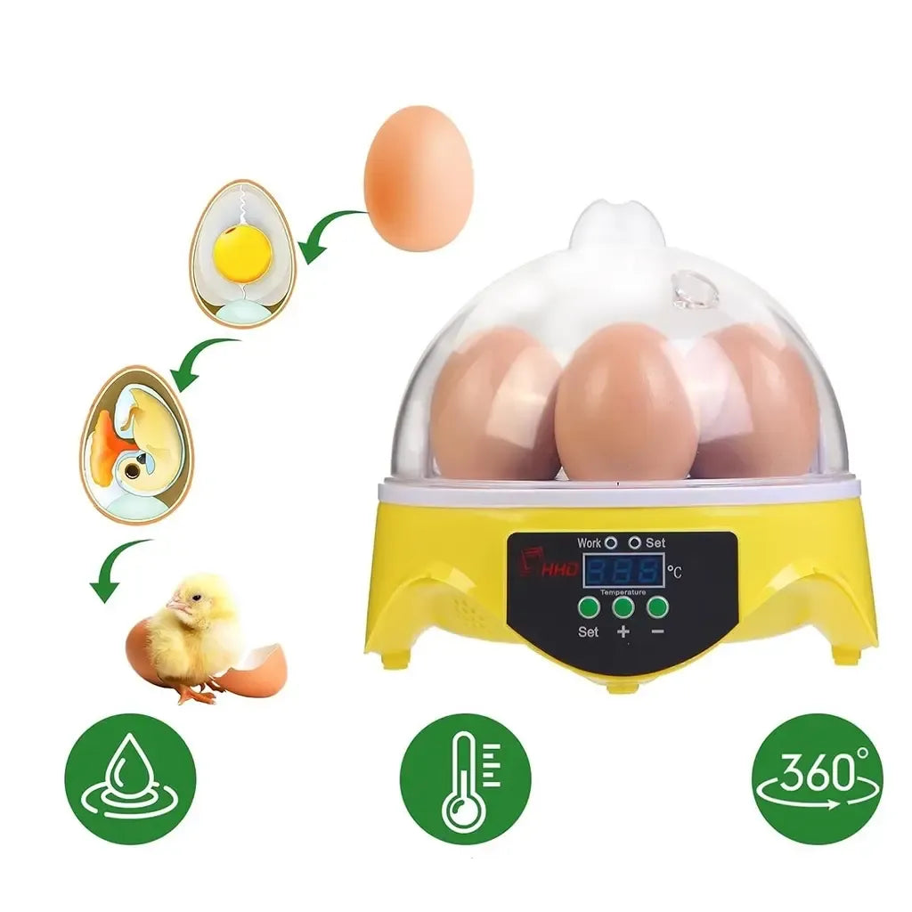 Mini kiaušinių inkubatorius 7 kiaušiniams su skaitmeniniu temperatūros valdymu, kompaktiškas ir tikslus inkubavimo prietaisas.