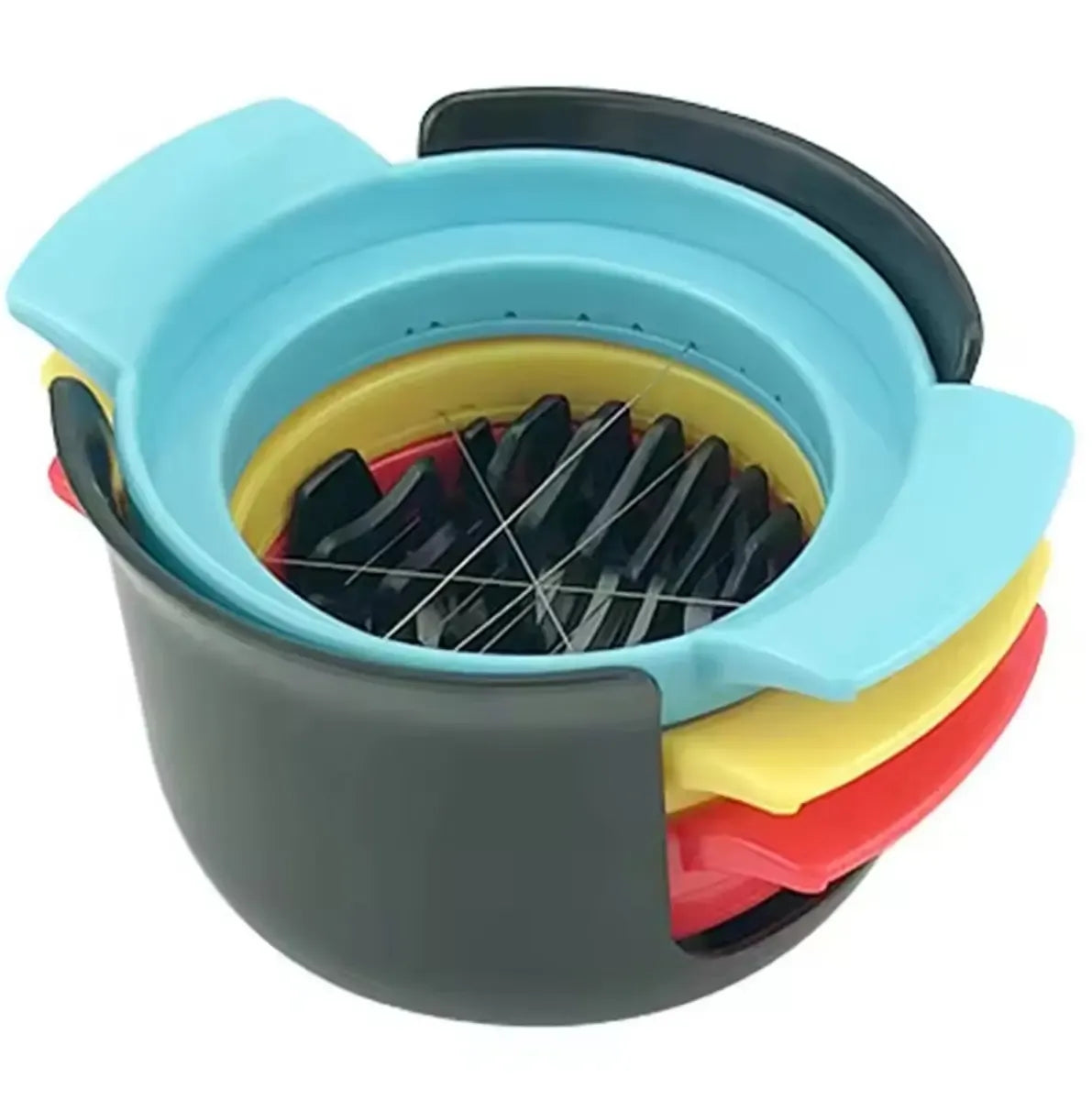Daugiafunkcinė kiaušinių pjaustyklė 3 viename, metalinis peilių mechanizmas ir plastikinis korpusas, naudojama kiaušiniams pjaustyti.
