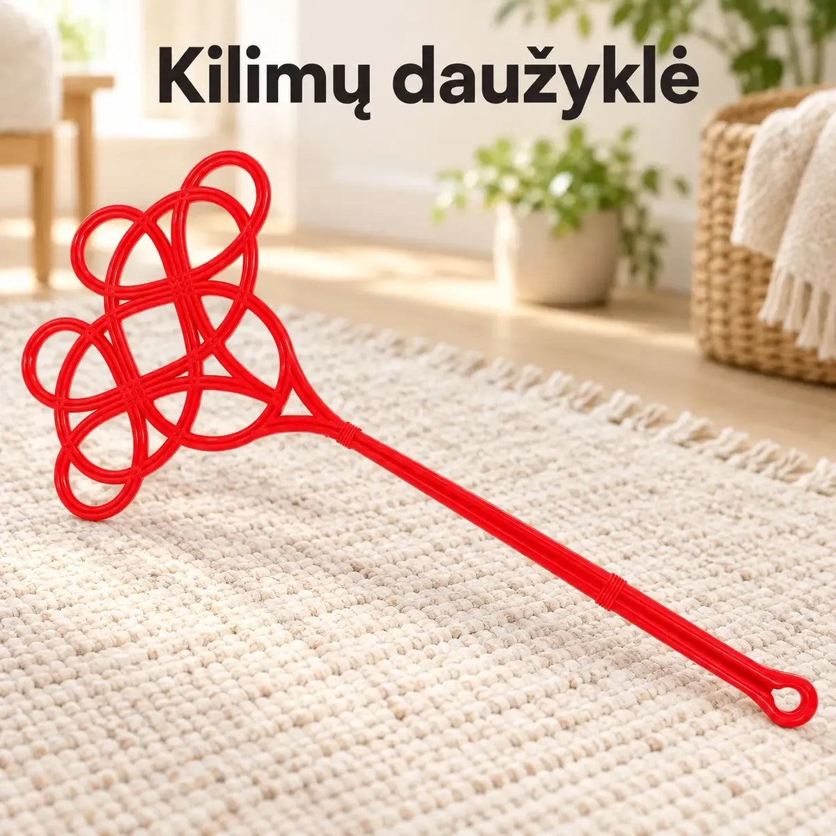 Kilimų dulkių mušiklis su plastikiniais šereliais, skirtas valyti ir pašalinti dulkes iš kilimų paviršių.