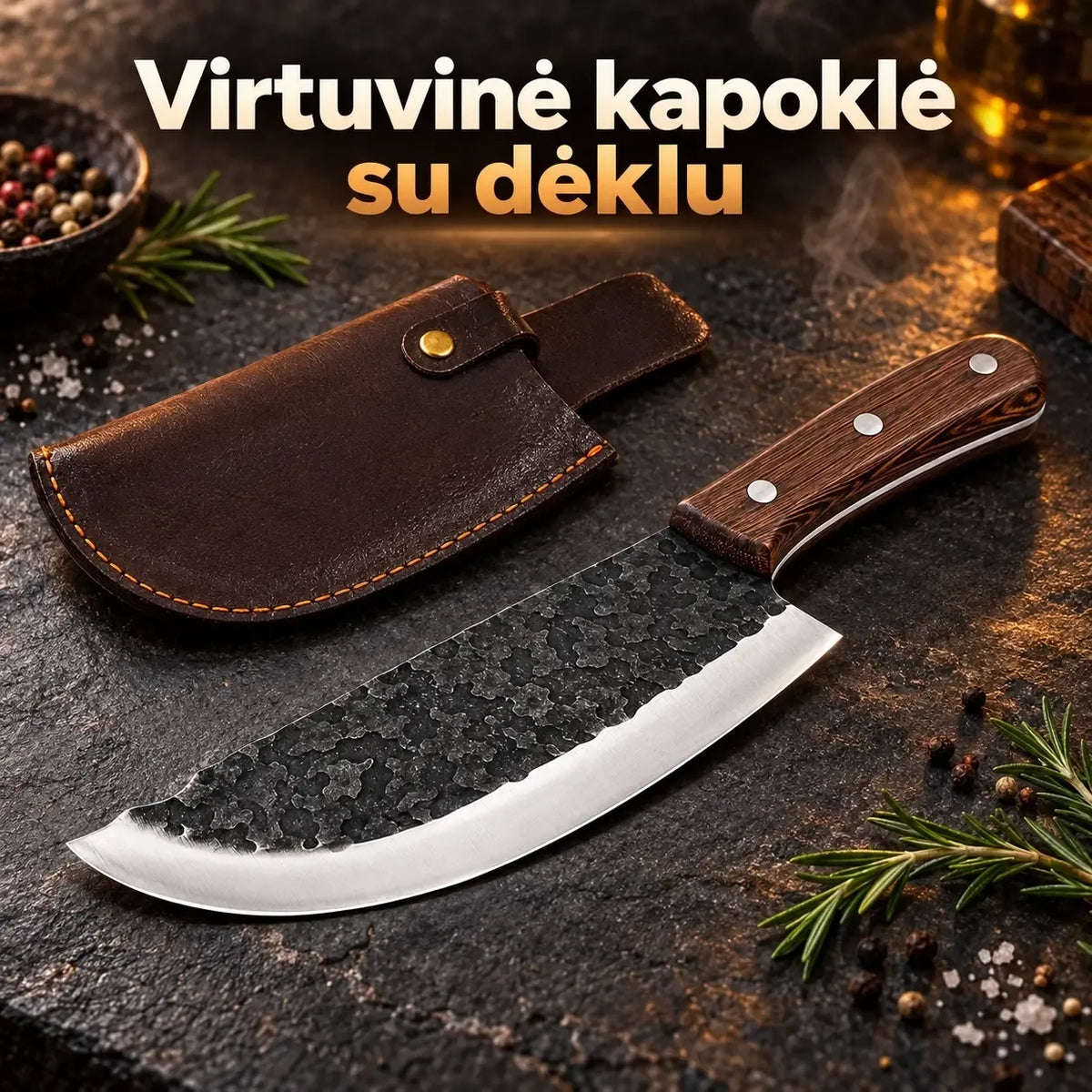 Lenktas virtuvinis peilis su odiniu dėklu, kokybiškas ir aštrus, puikiai tinka maisto ruošimui virtuvėje.