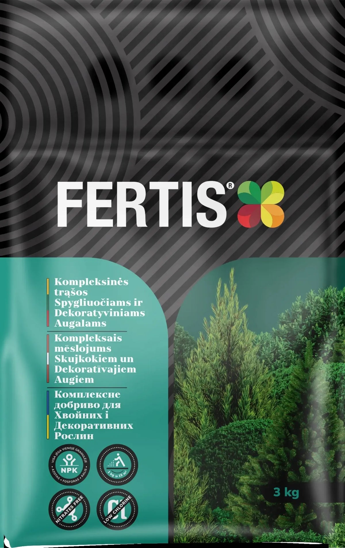 Kompleksinės trąšos spygliuočiams ir dekoratyviniams augalams FERTIS, 3 kg, augalų mitybos produktas, dažytų augalų tręšimui
