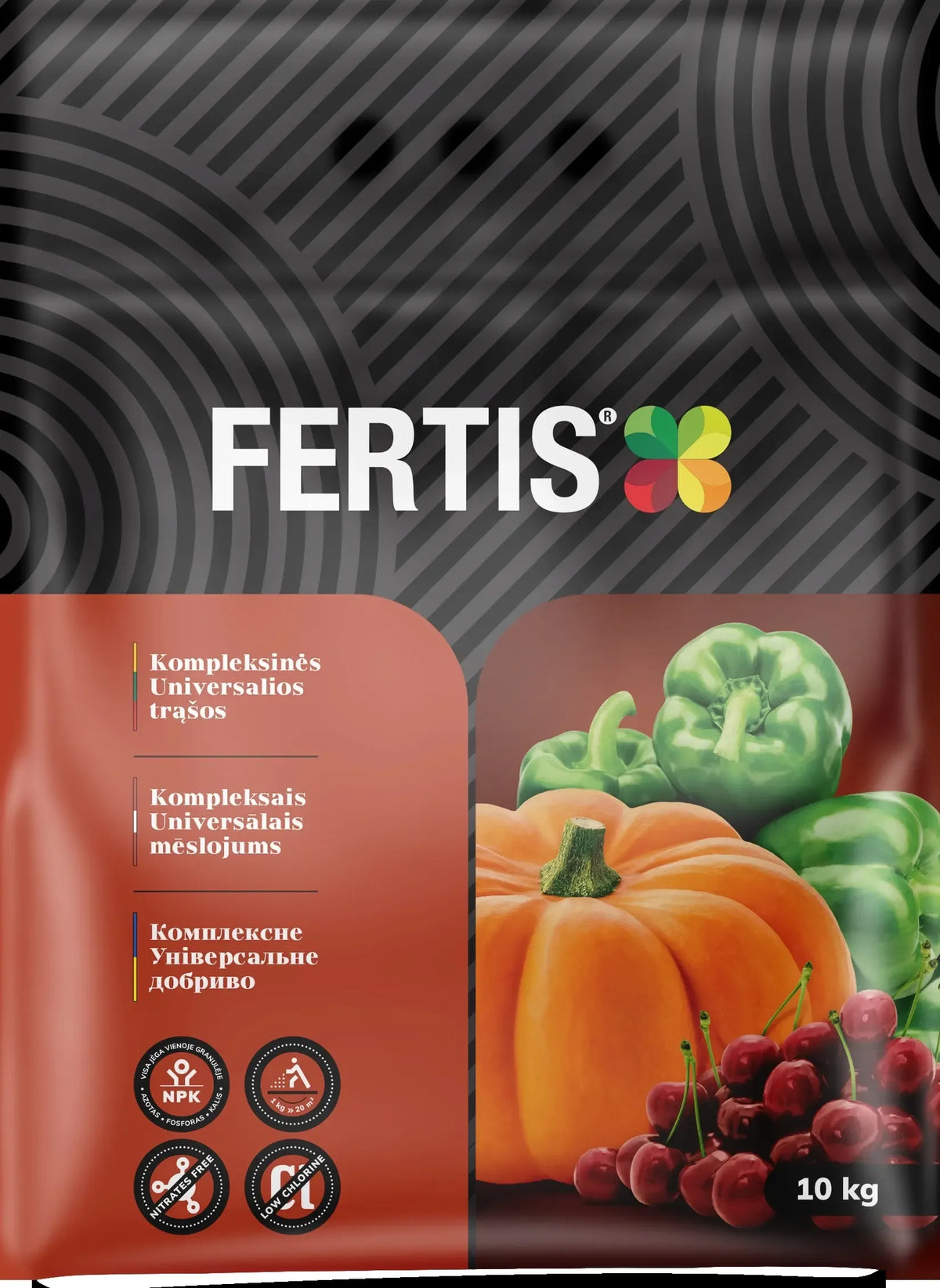 Universalios trąšos FERTIS, 10 kg, kompaktiškas trąšų paketas, tinkamas įvairioms pasėlių ir augalų trąšoms.