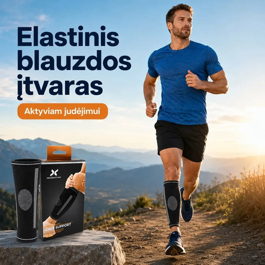 Kompresinis blauzdos įtvaras „Calf Support“ su elastine medžiaga ir reguliuojamais dirželiais, skirtas blauzdos stabilizavimui.