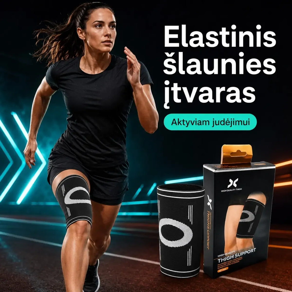 Kompresinis šlaunies įtvaras „Thigh Support“ 5172, elastinis ir patogus, skirta stabilizacijai ir skausmo mažinimui.