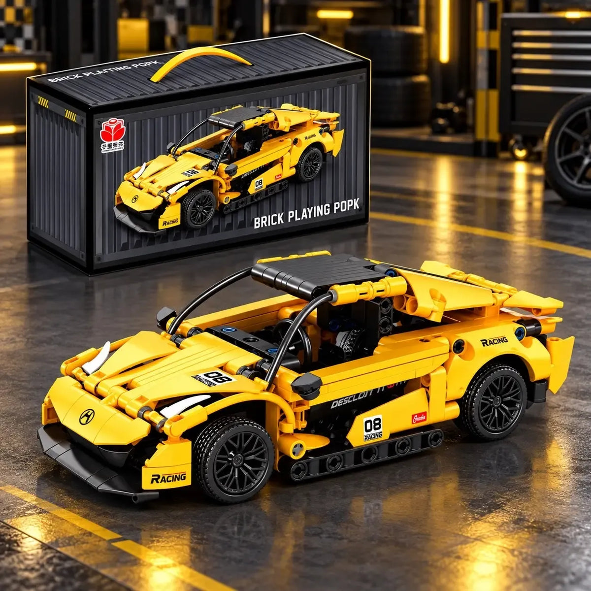 Sportinio automobilio konstruktorius konteinerio formos dėžutėje TR2387G, vaikų konstravimo rinkinys, detalės ir instrukcijos.