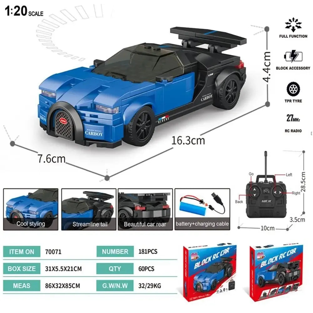 Mėlynas RC sportinis konstruktorius su 181 detalėmis, vaikų konstruktorius ir žaislas automobilių modeliui.